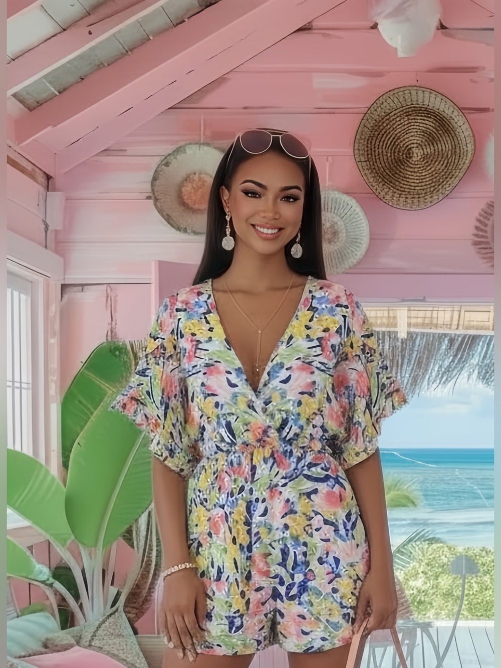 3XL Floral V-Neck Romper in Pastel Multi - Picture 10 of 13
